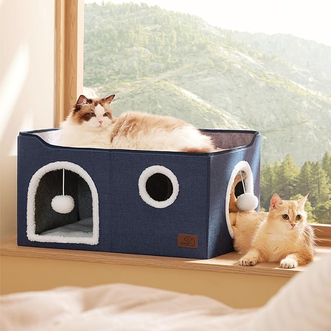 Bedsure Large Cat Beds for Indoor Cats - Extra Wide Cat Cube House for Small Pet with Fluffy Ball Hanging and Scratch Pad, Foldable Pet Cave Hideaway for Multiple Cats, 23.6x16.9x13 inches, Blue-PawvioPets