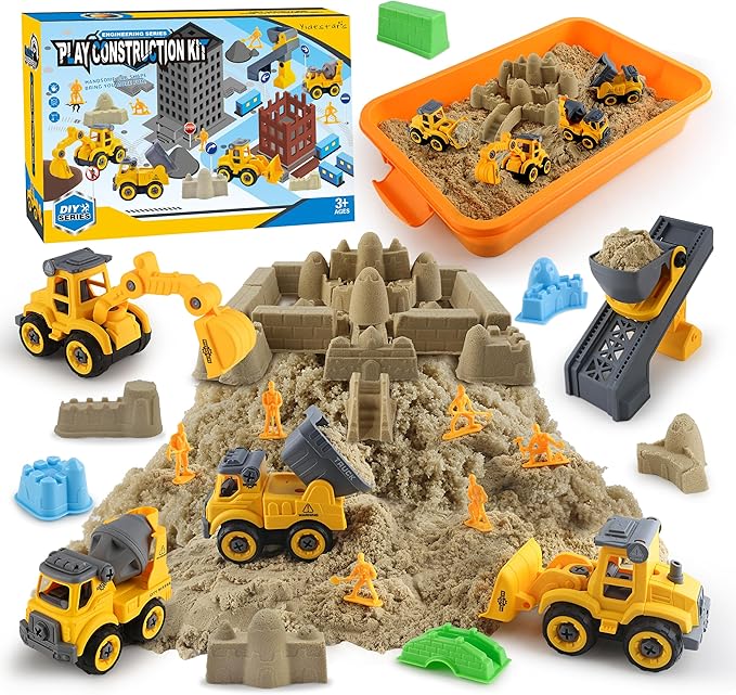 Construction Sandbox with Lid - 4 Vehicles with 1 Conveyor, 8 Castle Molds, 6 Figures & 3lbs Moldable Sand - Preschool Sensory Bin for Fine Motor Skills, Ages 3-6-PawvioPets