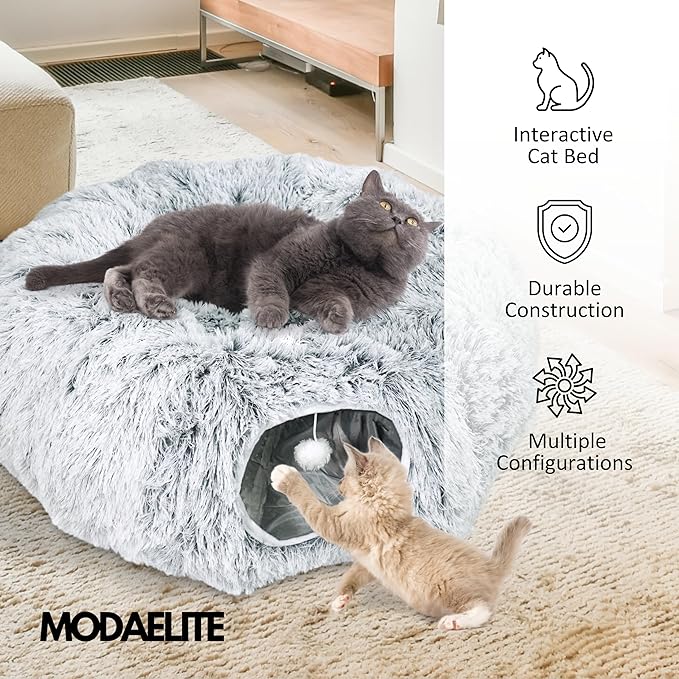 Cat Donut Bed with Washable Cushion – Cat Caves for Indoor Cats – Collapsible Donut Bed with Peekaboo Pet Tunnel & Tunnel Toy – Cozy Hideout for Kittens, Ferrets, Rabbits & Dogs – Grey-PawvioPets