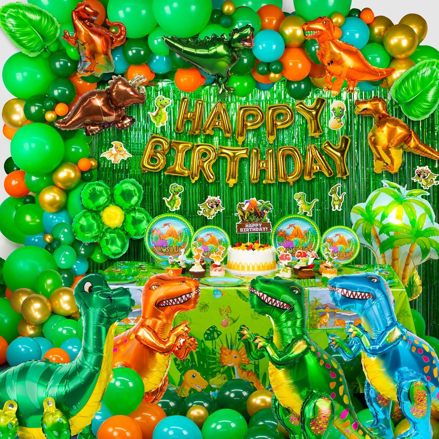 Dinosaur Party Decorations, Dinosaur Birthday Party Supplies for Kids Include Dino Foil Balloons, HAPPY BIRTHDAY Banner, Cake Toppers, Plates, Napkins, Curtains & Customized Tablecloth