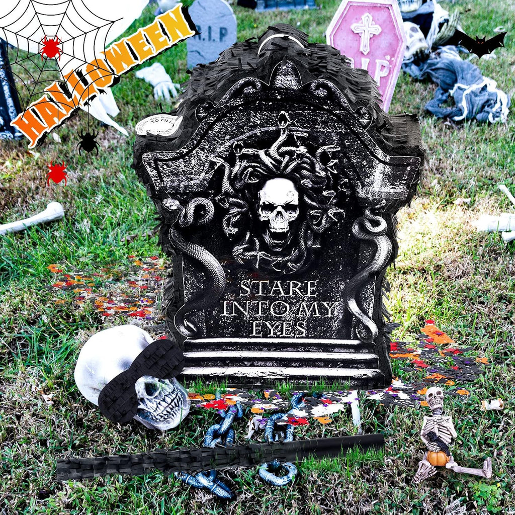 Halloween Tombstone Piñata Halloween Confetti Spooky Ghost Piñata with Stick Paper Eye Mask for Party Birthday Parties Events Themed Fillable for Candy Treat (Tombstone)