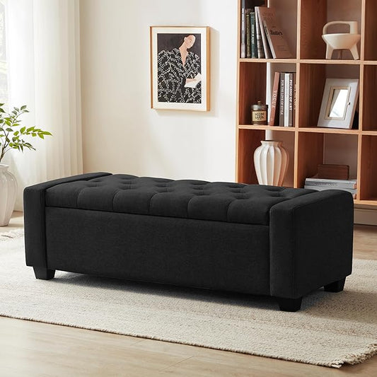 48" Ottoman with Storage, Black Storage Ottoman Bench with Safety Hinge, Upholstered Entryway Bench with Seating for Bedroom, Living Room, Holds up to 330 lb-PawvioPets