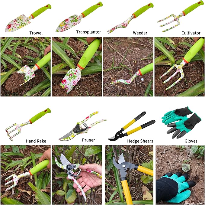 Gardening Tools – 42 Piece Premium Gardening Tool Set,Heavy Duty Hand Tools with Fashion Garden Tools Organizer Handbag,Rust-Proof Gardening Tool Kit, Ideal Gardening Gifts for Women(Pink Floral)-PawvioPets