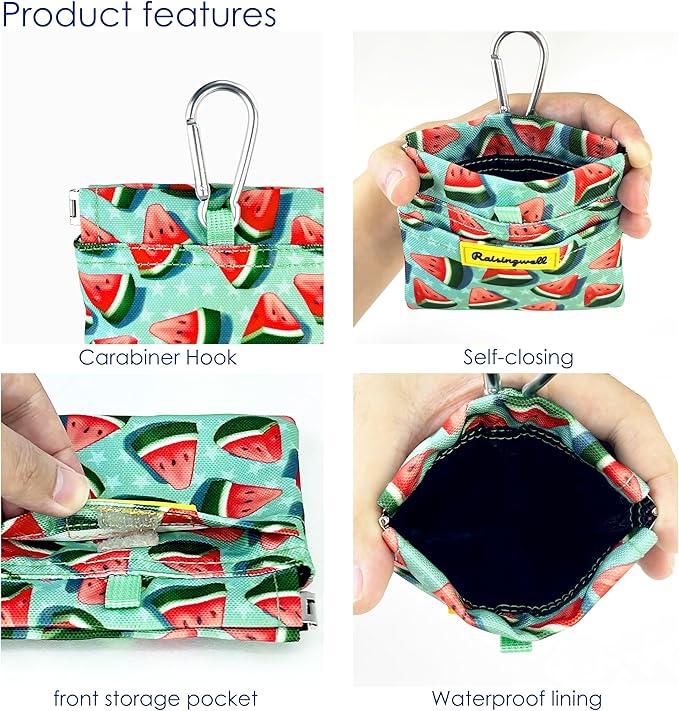 Dog Treat Pouch,Cotton Pocket Sized Training Holder, Hand Free Walking Funny Bag with Carabiner, Self-Closing Pet Feed Snack Reward, Behavior Aids for Puppy Travel or Outdoor Use（Watermelon）-PawvioPets