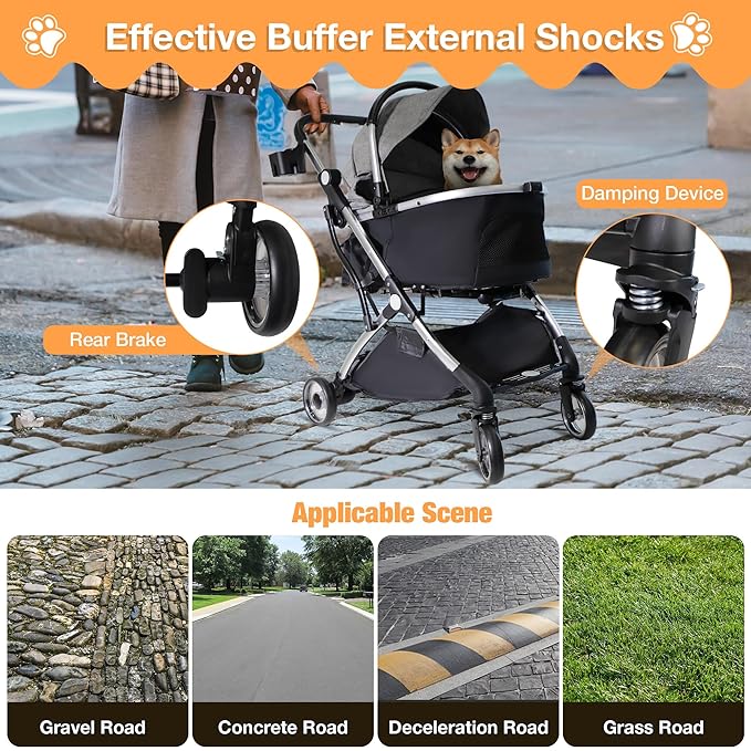Dog Stroller for Small Medium Dogs, 3 in 1 Folding Pet Stroller Up to 33 lbs, 4 Wheels Pet Strolling Cart with Zipperless Entry, Cat Dog Travel Carrier with Telescopic Handle and Storage Basket-PawvioPets