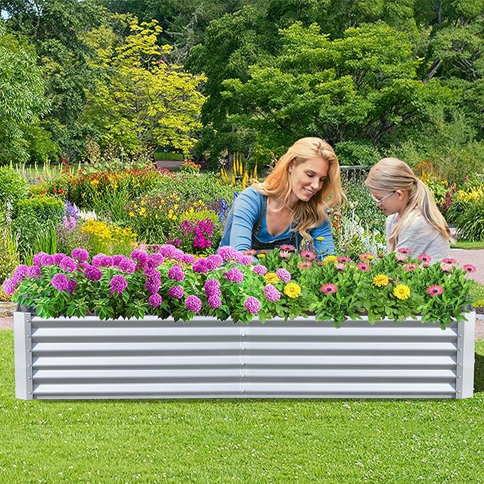 Domi Raised Garden Beds Outdoor, 8x4x1.5Ft Thickening Tall Metal Rectangular Deep Root Box Planter for Vegetables, Flowers, Herbs, and Succulents 1.5" Deep w/ 342 Gallon Capacity - Silvery-PawvioPets