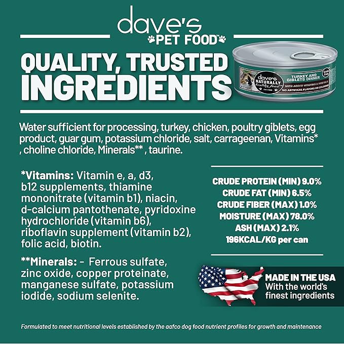 Dave's Pet Food Grain Free Wet Cat Food Gravy (Turkey & Giblets Dinner in Gravy), Made in USA Naturally Healthy Canned, Added Vitamins & Minerals, 5.5 oz Cans (24 Pack)-PawvioPets