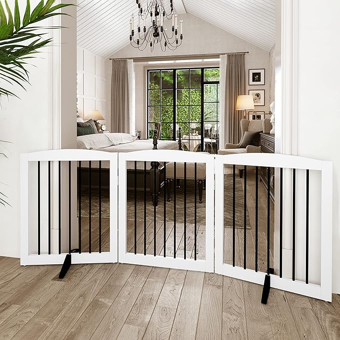 Freestanding Wooden Pet Gate for House, Foldable Indoor Dog Gate for Doorways, Stairs - 24" Height, 3 Panels, White-PawvioPets