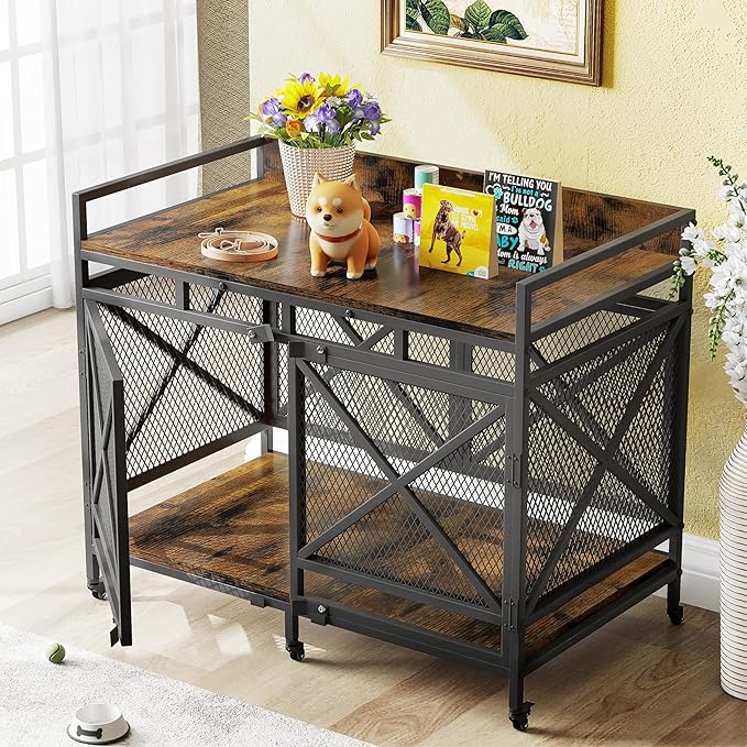 COZPAW Large Dog Crate Furniture, 48 Inch Wooden Dog Kennel for XLarge Dogs, Heavy Duty Dogs Furniture Indoor Wire Dog Cage with Caster Wheels, Decorative Pet House End Table, Brown-PawvioPets