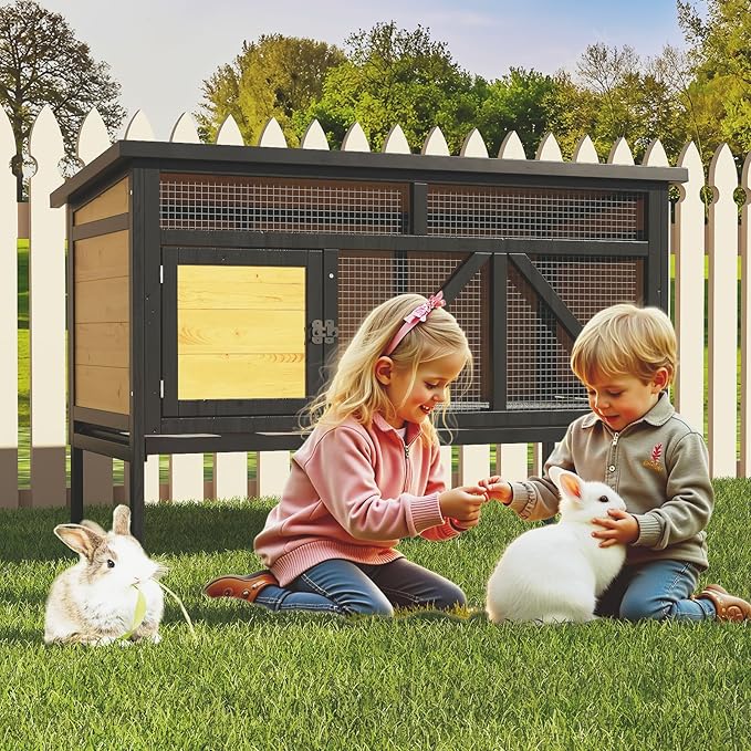 46.7" Rabbit Cage Elevated Bunny Cage Indoor, Outdoor Rabbit Hutch Hamster Cages for Small Animals, Wooden Guinea Pig Cages with Removable Tray & Waterproof Asphalt Roof & Bottom Wire Mesh-PawvioPets