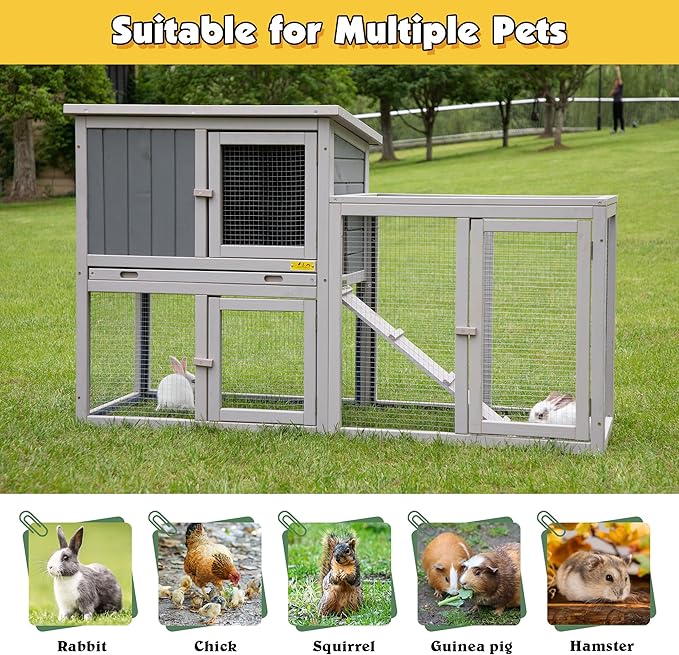 Assembled Wooden Indoor & Outdoor Rabbit Hutch, 2 Story Small Animal House Habitat, Durable Pet Bunny House Cage with Cleaning Tray, for Bunny Chick Duck Hamster (Grey)-PawvioPets