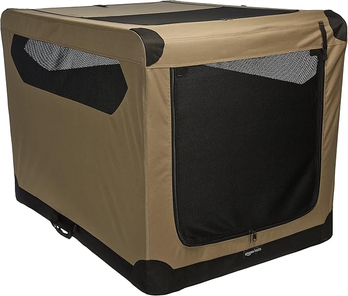 Amazon Basics Dog Crate, Travel Dog Kennel Double Door Collapsible, Lightweight Soft-Sided Folding, Portable Dog Cage, XL 42" x 31" x 31", Tan-PawvioPets