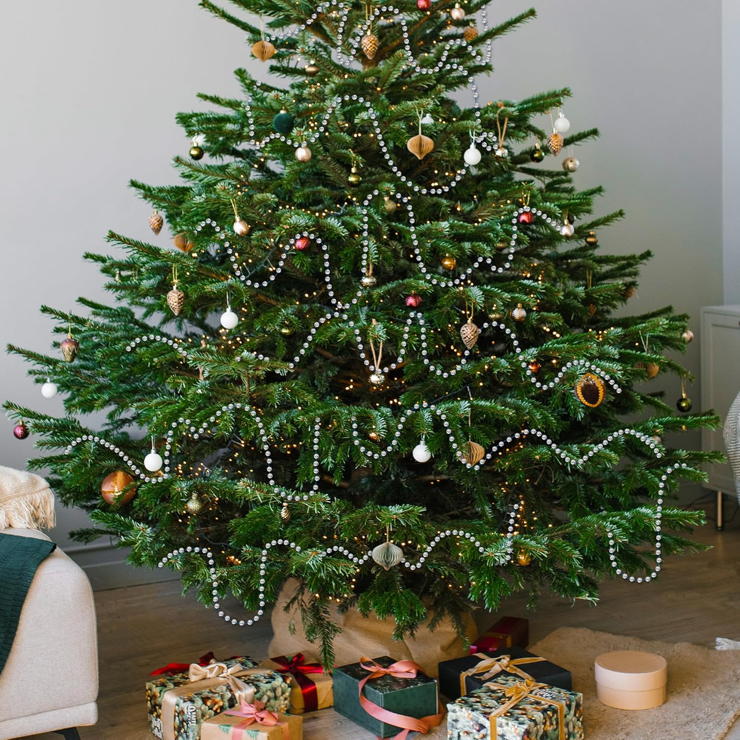 100 Feet Silver Christmas Tree Decor, Christmas Tree Garland Beads, Xmas Beads Chain Decorations Artificial Pearl Garland for DIY Xmas Fireplace Home Party Decor