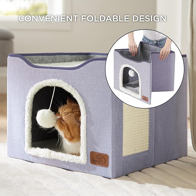 Bedsure Cat Beds for Indoor Cats - Large Cat Cave for Pet Cat House with Fluffy Ball Hanging and Scratch Pad, Foldable Cat Hideaway, 16.5x16.5x13 inches, Cloud Purple-PawvioPets