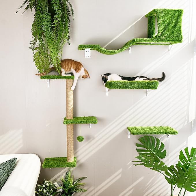 FUKUMARU Cat Wall Shelves, Stable & Safe 4 in 1 Cat Furniture Set, Wooden Climbing Wall with Scratching Post, Bridge and Bed, Stylish Jungle Gym for 16 Inch Drywall - Green-PawvioPets