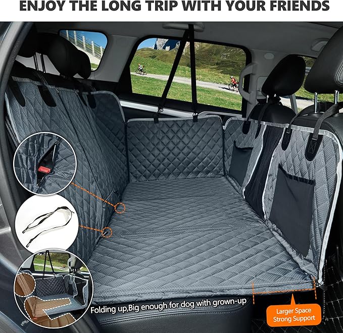 Back Seat Extender for Dog,Waterproof Hard Bottom Dog Car Seat Cover for Back Seat Protector,Foldable Camping Pet Hammock Bed,Easy Clean Travelling Accessories Car SUV Truck (Gray)-PawvioPets