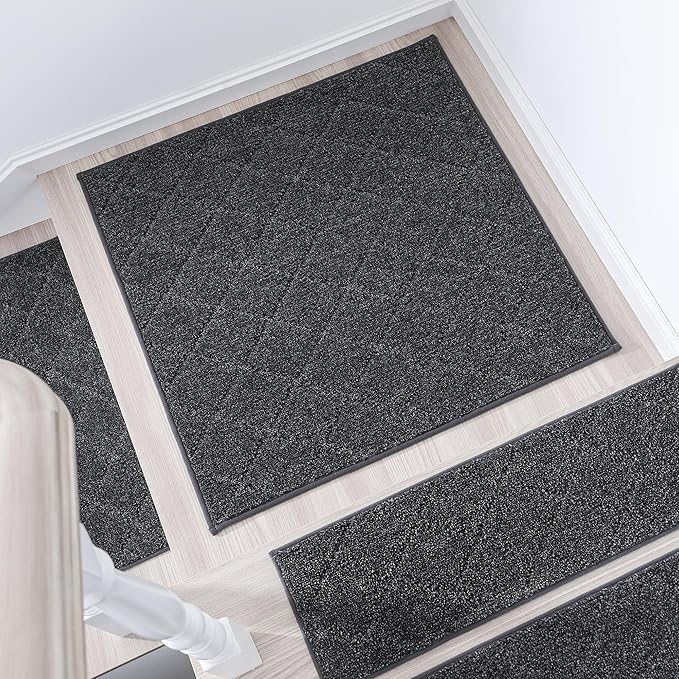 COSY HOMEER Edging Stair Treads Non-Slip Corner Indoor Stair Runners for Wooden Steps,Landing Slip Resistant Stair Rugs Mat for Kids and Dogs,100% Polyester TPE Backing,Black,30x30 inch-PawvioPets