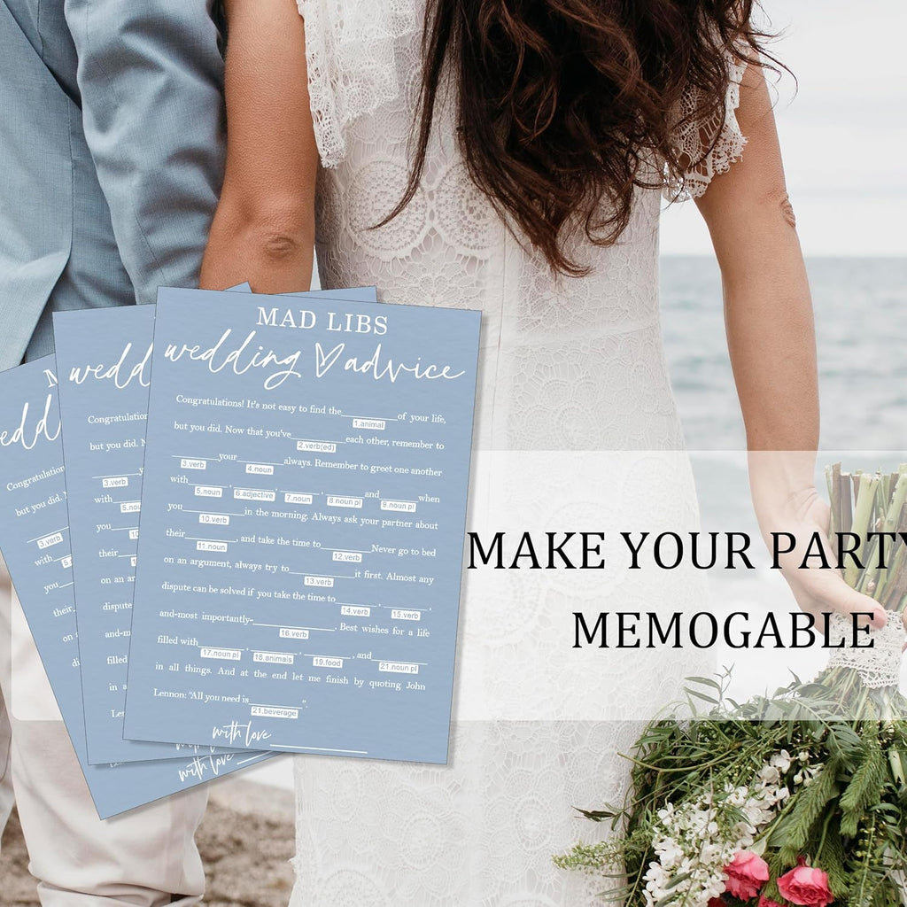 Wedding Advice Cards - Bdvice and Wishes for the Newlyweds Mr and Mrs Bride & Groom Perfect for Bridal Shower Wedding Games and Guest Book Alternative Pack of 25 Minimalist Blue 5x7 Inch Cards - B08