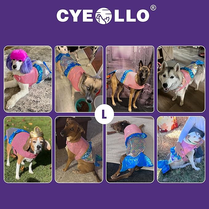 cyeollo Mermaid Dog Halloween Costumes Cute Dog Costume Sequin Birthday Party Pet Clothes Outfit Dressing Up Pet Costumes for Medium Dogs Size L-PawvioPets