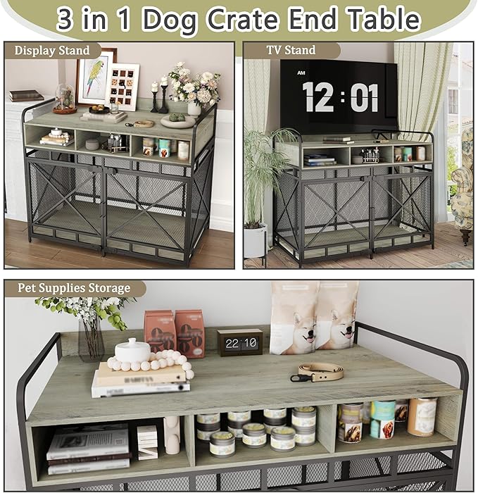 Dog Crate Furniture, 48" Heavy Duty Wooden Dog Crate End Table, XL Dog Kennel Furniture Large Breed, Decorative Dog Kennel Indoor with 3 Drawers & Steel Tubes 48" L x28 W x38 H (Grey)-PawvioPets