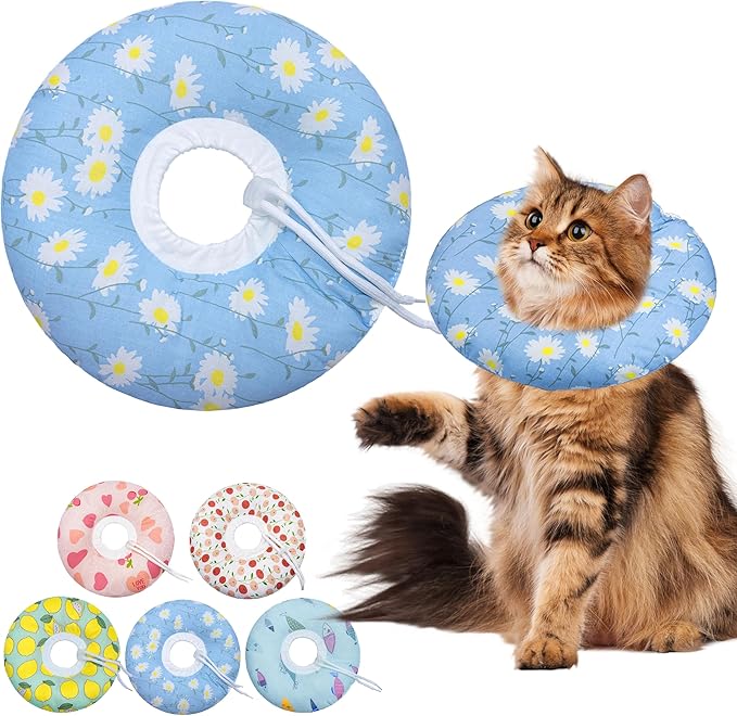 Cat Cone Collar Soft, Adjustable Cat Recovery Collars Kitten Cones to Stop Licking, Cute Donut E Collar After Surgery, Wound Healing Elizabethan Collar for Kitten(Blue Daisy, Large)-PawvioPets