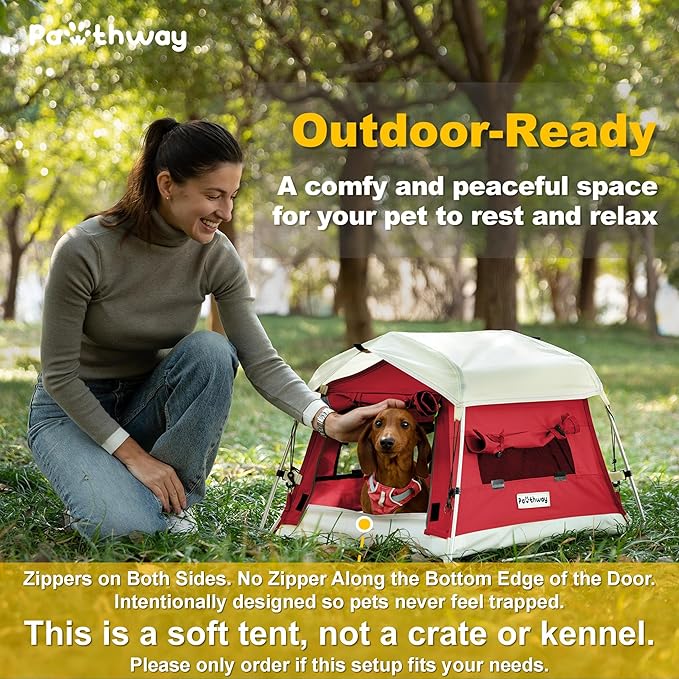 Dog Tent Cotton Fabric, Aluminum Poles and Camping Mat, Outdoor Weatherproof, Dog House Outdoor, Breathable with 2 Side Windows, Portable and Collapsible (Red, Small)-PawvioPets
