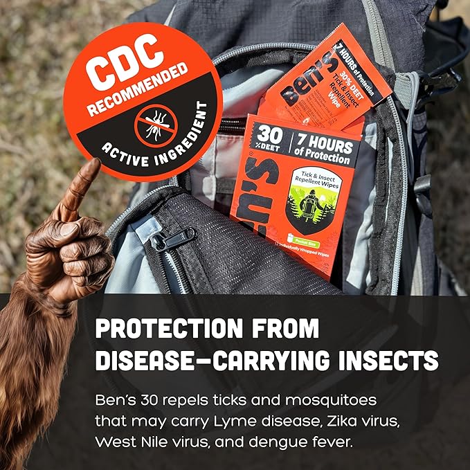 Ben's Tick & Insect Repellent Wipes - 30% DEET for Mosquitoes, Ticks & More - Up to 7 Hours of Protection - Alcohol- & Fragrance-Free - 12 Wipes (4 Pack)-PawvioPets