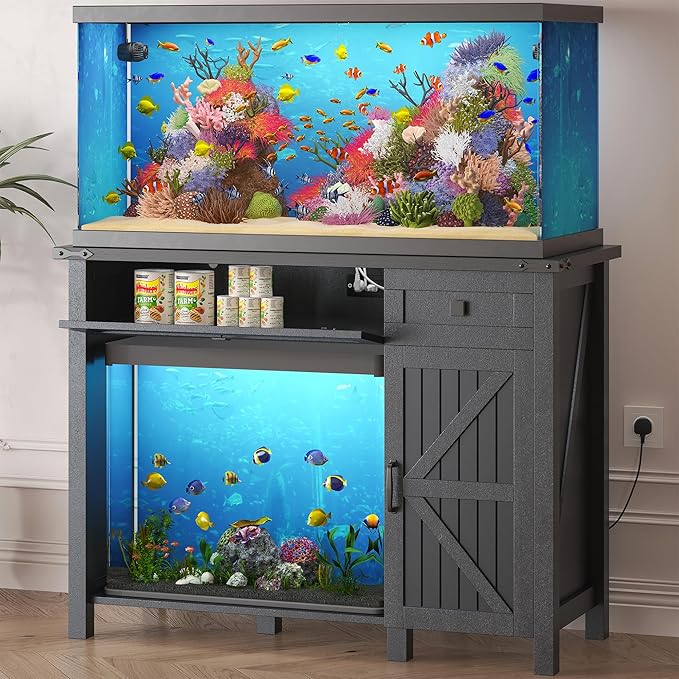 40 Gallon Aquarium Stand With Charging Station, Farmhouse Fish Tank Stand, Reptile Tank Stand Terrarium Stand with Drawer and Cabinet Storage, Sturdy Heavy Duty 41.9"×18.3" Tabletop - Black-PawvioPets