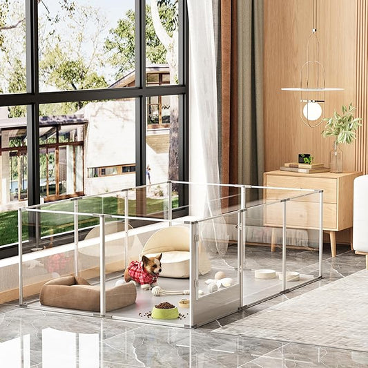 Dog Clear Playpen Fence Kennel: 10Panels Indoor Transparent Whelping Box Pen Cage with Waterproof whelping pad - Extra Long Acrylic Exercise Kennel with Metal Frame for Cats Puppy Rabbits Guinea Pig-PawvioPets