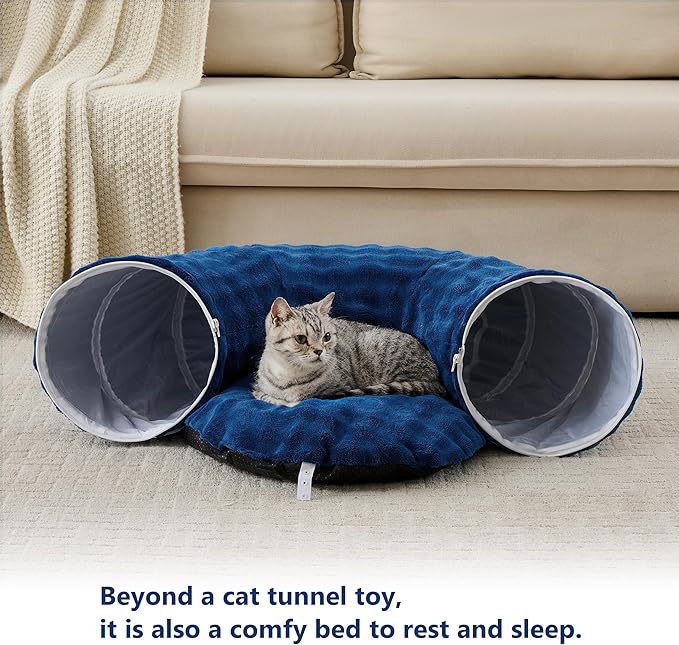 Bubble Cat Tunnel for Indoor Cats, Round Peekaboo Cave Toy with Dangling Balls, Donut Tunnel Bed with Circle Mat for Puppy Kitten Rabbit, Navy Blue-PawvioPets