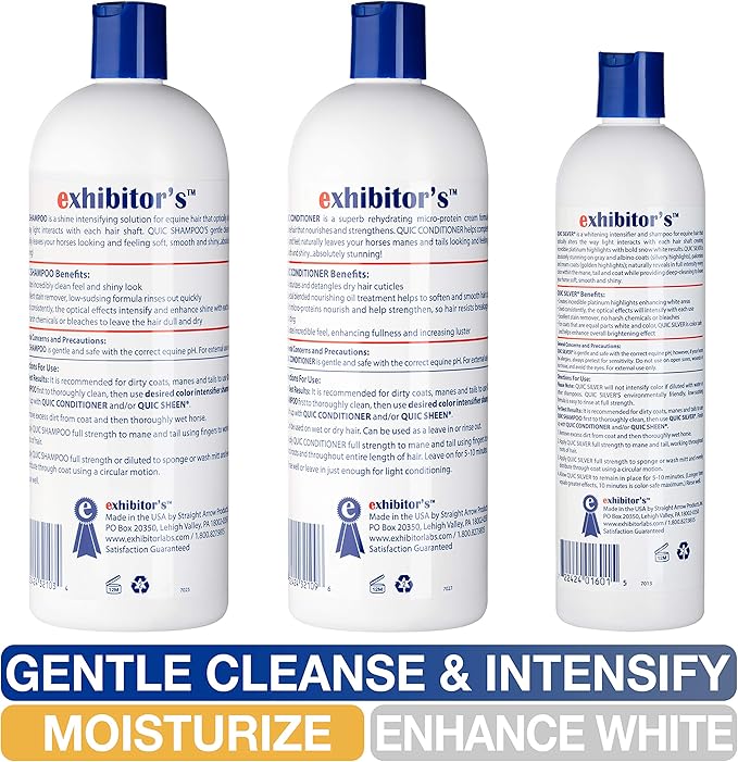 exhibitor's Quic Silver System Includes Quic Shampoo Quic Conditioner 32 Ounce Each Plus Quic Silver 16 Ounce for Dogs, Horses, Greys, Palominos, Cream Color Coats Silver Ash Highlights-PawvioPets
