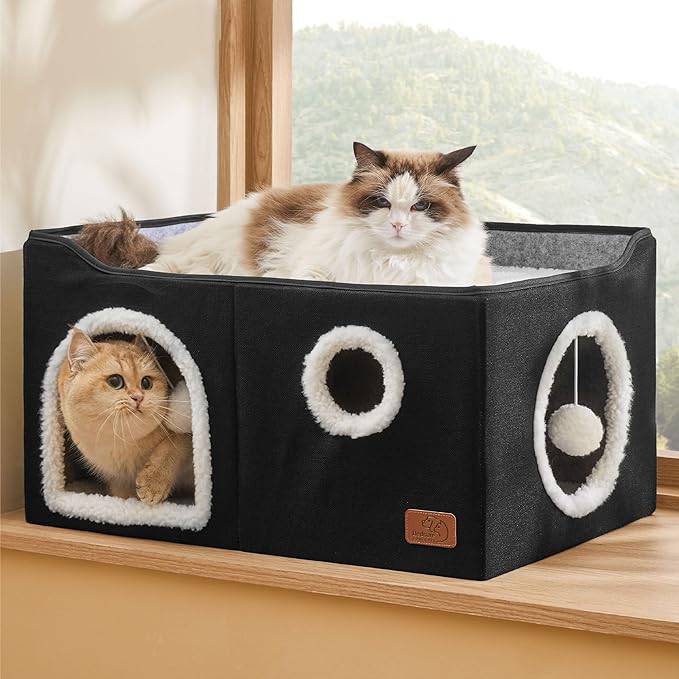 Bedsure Large Cat Beds for Indoor Cats - Extra Wide Cat Cube House for Small Pet with Fluffy Ball Hanging and Scratch Pad, Foldable Pet Cave Hideaway for Multiple Cats, 23.6x16.9x13 inches, Black-PawvioPets