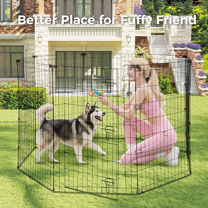 Foldable Dog Playpen 42" Height 8 Panels Metal Exercise Pen with Door - Indoor/Outdoor Dog Play Pen for Medium-Large Dogs, Portable Pet Fence for Yard Garden Camping, Black-PawvioPets
