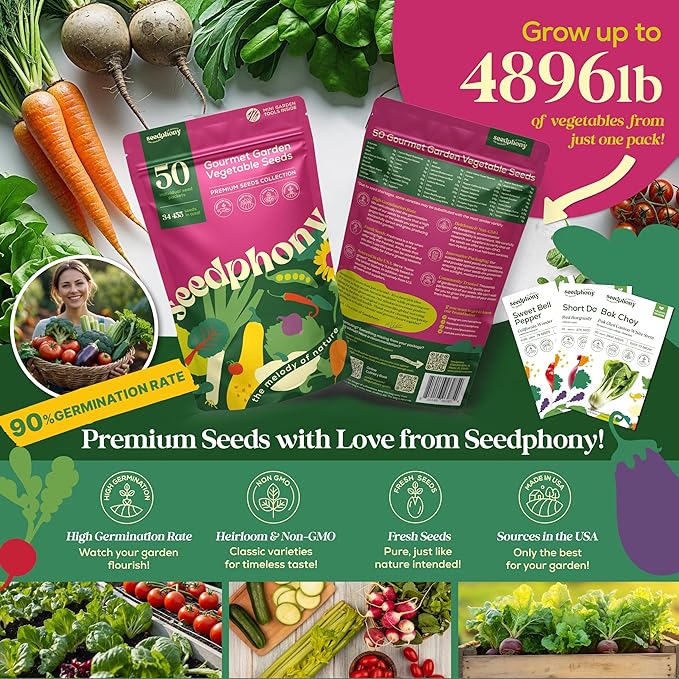 50 Gourmet Garden Vegetable Seeds Variety Pack - 34,455+ Non-GMO Heirloom Vegetables Seeds for Planting Indoor Outdoor: Broccoli, Carrot, Onion, Lettuce, Pepper - Gardening Seed Packets-PawvioPets