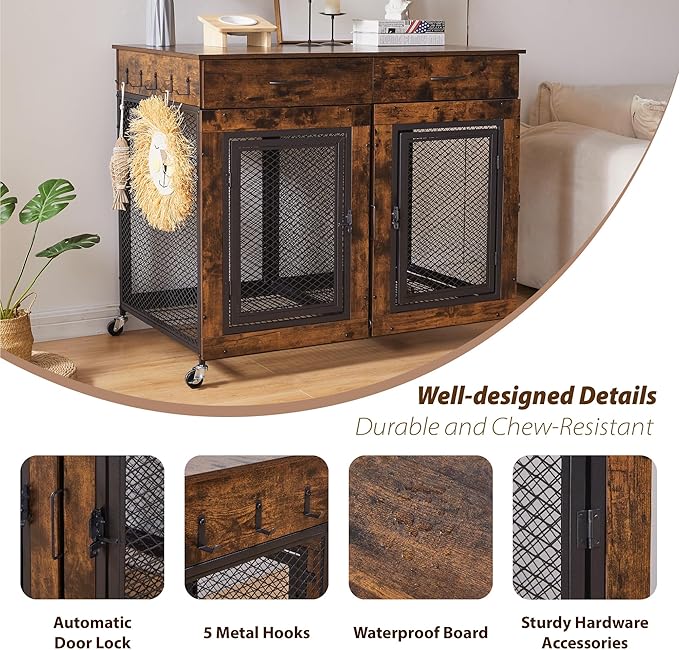 43" Large Dog Crate Furniture, Wood Dog Kennel End Table with Drawers, Decorative Pet Crate with Removable Partitions & Wheels, Dog House Indoor for Large/Medium/Small Dogs-PawvioPets