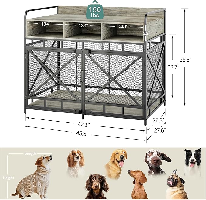 Dog Crate Furniture, 43" Heavy Duty Wooden Dog Crate End Table, XL Dog Kennel Furniture Large Breed, Decorative Dog Kennel Indoor with 3 Drawers & Steel Tubes 43" L x28 W x36 H (Grey)-PawvioPets