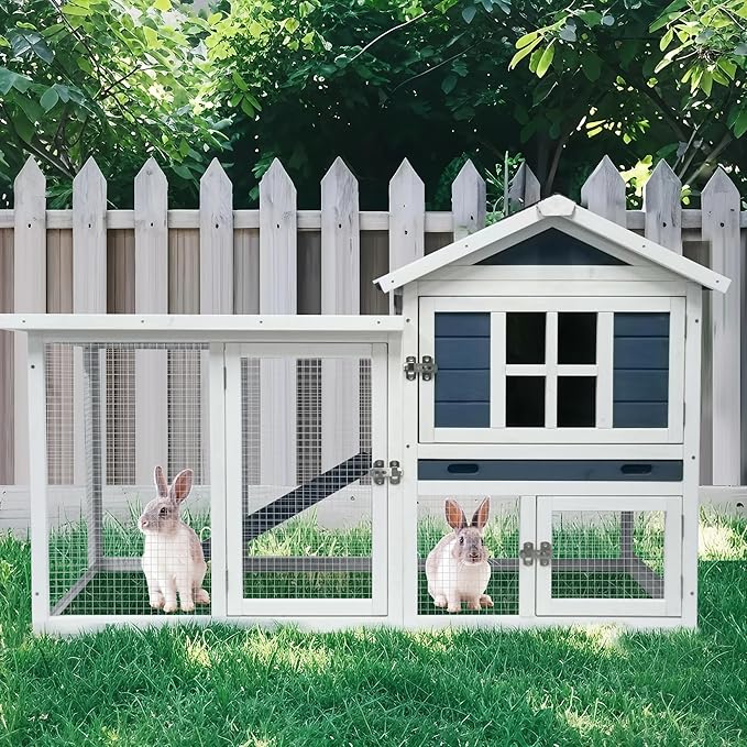 GARWOOD Large Outdoor Indoor Rabbit Hutch Wooden Bunny Rabbit Cage 2-Story with Run No-Leak Pull-Out Tray Waterproof Asphalt Roof Ramp for Guinea Pig Small Animal Wood Pet House Home Blue White-PawvioPets