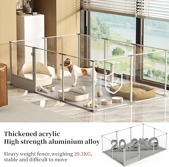 Dog Clear Playpen Fence Kennel: 10Panels Indoor Transparent Whelping Box Pen Cage with Waterproof whelping pad - Extra Long Acrylic Exercise Kennel with Metal Frame for Cats Puppy Rabbits Guinea Pig-PawvioPets
