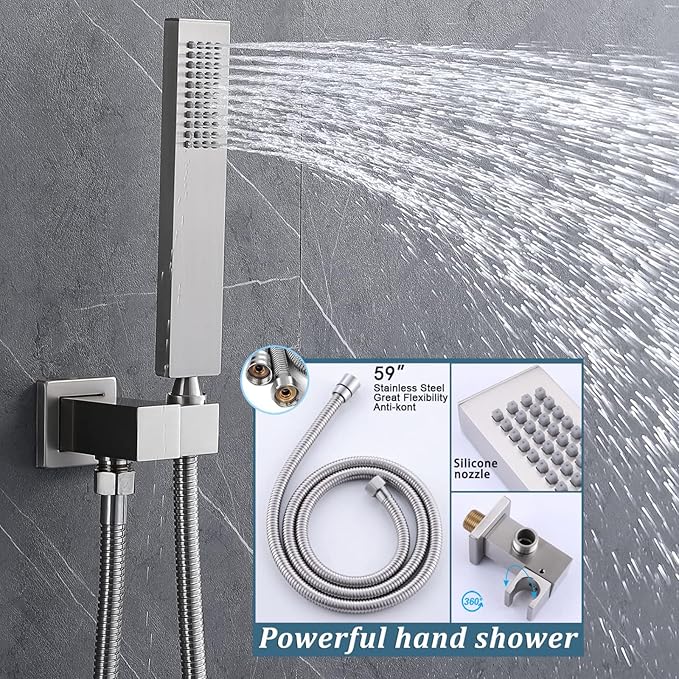 Brushed Nickel Shower System Set Temperature Display Push Button Shower Faucet with 12 inch and 8 inch Wall Mount Full Body Shower Head and Handheld Shower-PawvioPets