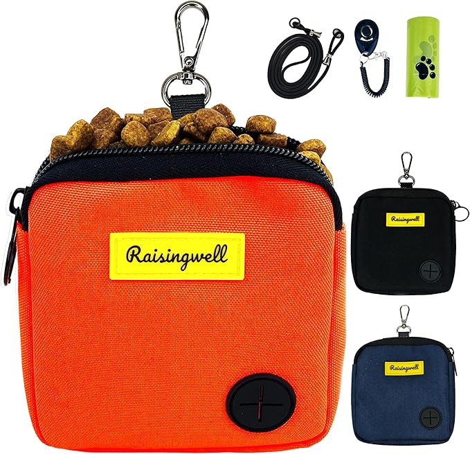 Dog Treat Pouch for Pet Walking and Training with Clicker Poop Bags Small Fanny Zipper Pack Holder for Puppy Snack Dispenser Kit for Leash and Outdoor Use (Orange)-PawvioPets