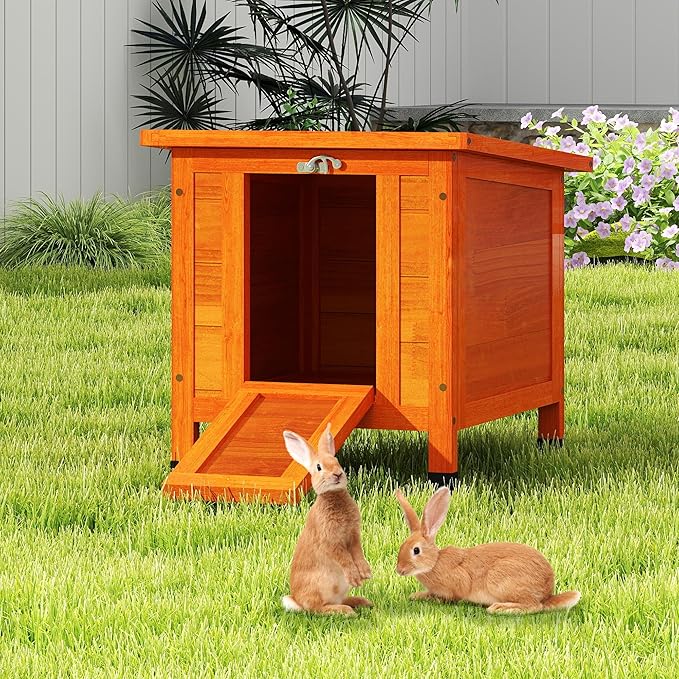 Coziwow Rabbit Hutch, Outdoor Cat House Weatherproof, Bunny Cage Indoor with Openable, Portable Small Animals Shelters with Nonslip Ramp for Hideout Rabbits/Feral Cats/Chicken/Small Animals-Orange-PawvioPets