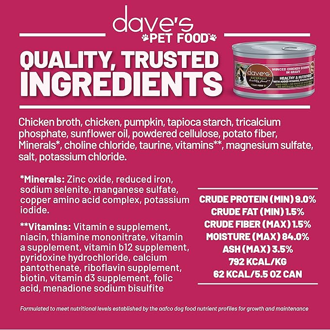 Dave's Pet Food Grain Free Wet Cat Food (Minced Chicken in Gravy), Naturally Healthy Canned, Added Vitamins & Minerals, Wheat, Gluten & GMO-Free, 2.8 oz (24 Pack)-PawvioPets