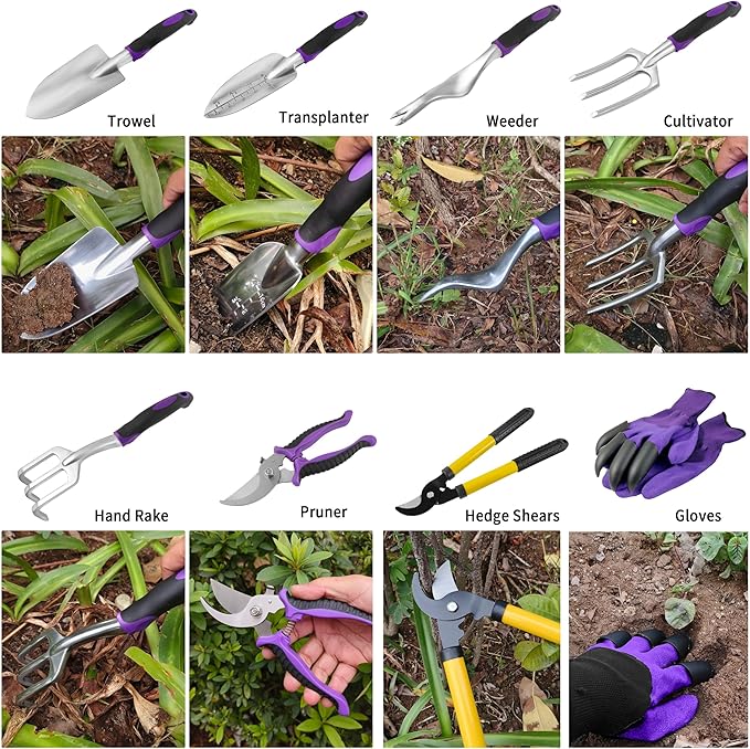 Gardening Tools – 42 Piece Premium Gardening Tool Set,Heavy Duty Hand Tools with Fashion Garden Tools Organizer Handbag,Rust-Proof Gardening Tool Kit, Ideal Gardening Gifts for Women((Purple Floral)-PawvioPets
