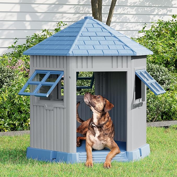 Durable Dog House Indoor Outdoor for Small Medium Dogs, Weatherproof Puppy Shelter with Elevated Floor & Air Vents, Easy Clean and Assemble (Blue, 36.61L*29.5W*37.4H)-PawvioPets