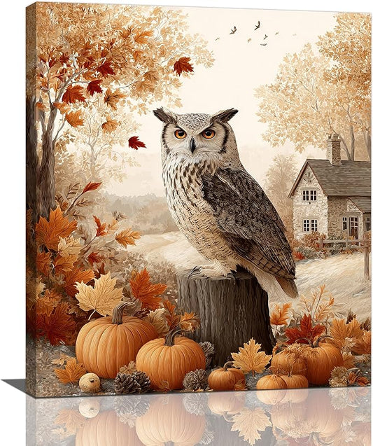 Fall Owl Wall Art Autumn Pumpkin Leaves Wall Decor Rustic Canvas Print Farmhouse Pictures Painting Print Framed Artwork Decorations Gifts for Living Room Bathroom Bedroom Office 20"x24"-PawvioPets