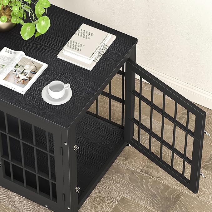 32 Inch Heavy Duty Dog Crate Furniture for Medium and Small Dogs, Decorative Pet House End Table, Wooden Cage Kennel Furniture Indoor, Black-PawvioPets