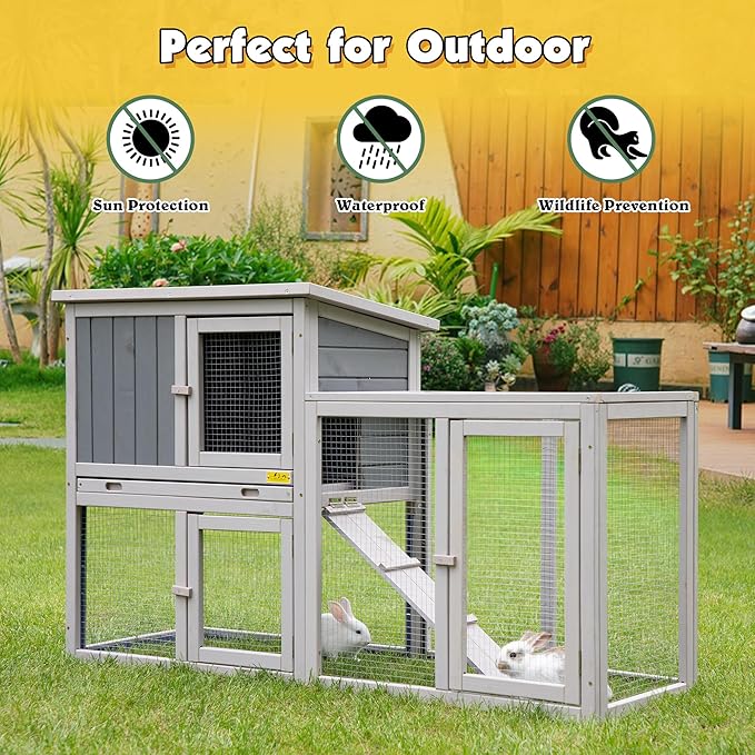 Assembled Wooden Indoor & Outdoor Rabbit Hutch, 2 Story Small Animal House Habitat, Durable Pet Bunny House Cage with Cleaning Tray, for Bunny Chick Duck Hamster (Grey)-PawvioPets