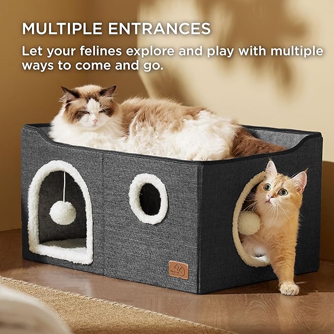 Bedsure Large Cat Beds for Indoor Cats - Extra Wide Cat Cube House for Small Pet with Fluffy Ball Hanging and Scratch Pad, Foldable Pet Cave Hideaway for Multiple Cats, 23.6x16.9x13 inches, Dark Grey-PawvioPets