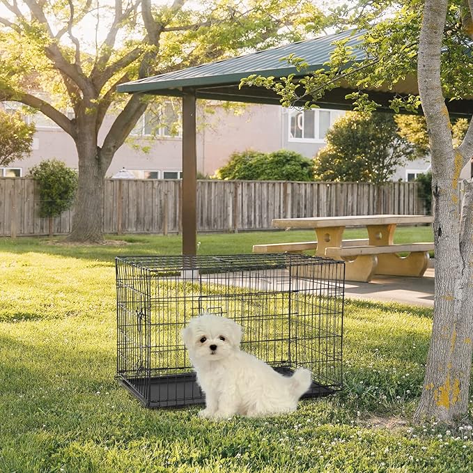 FDW Dog Crate for Small Dogs 24 Inch Folding Metal WirePet Cage Double Door W/Divider Panel Indoor Outdoor Kennel Leak-Proof Plastic Tray,Black-PawvioPets