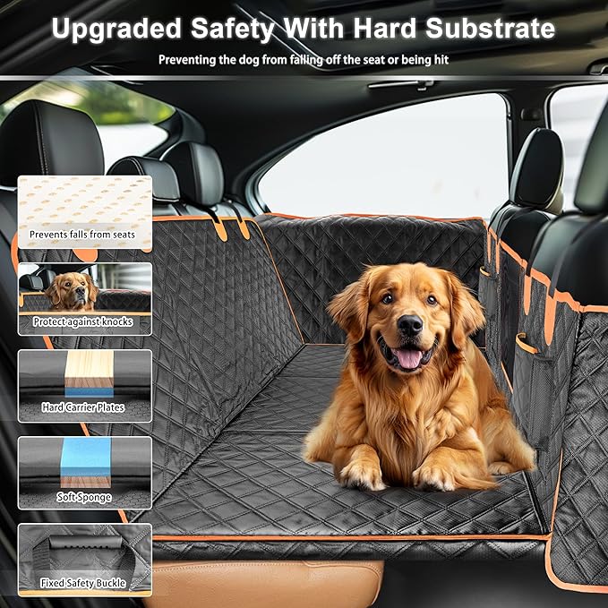 Dog Car Seat Cover for Back Seat, Hard Bottom Car Seat Cover for Dogs with Door Protectors for Traveling and Camping with Pets, Dog Car Seat Waterproof and Scratch-Resistant, Suitable for Cars-PawvioPets